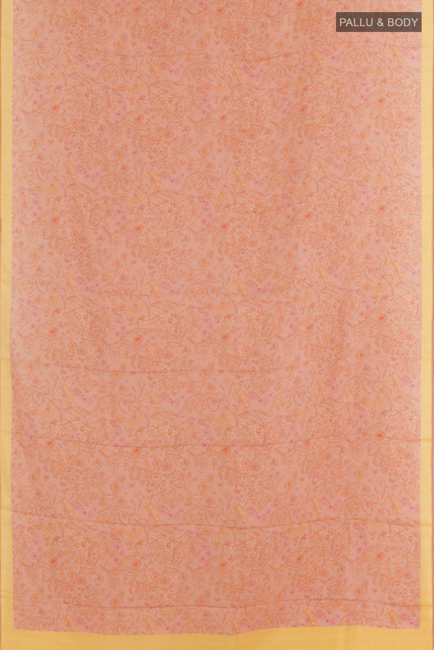 Flat view of Pink Printed Silk Saree with Printed design on the body and Plain Border. 