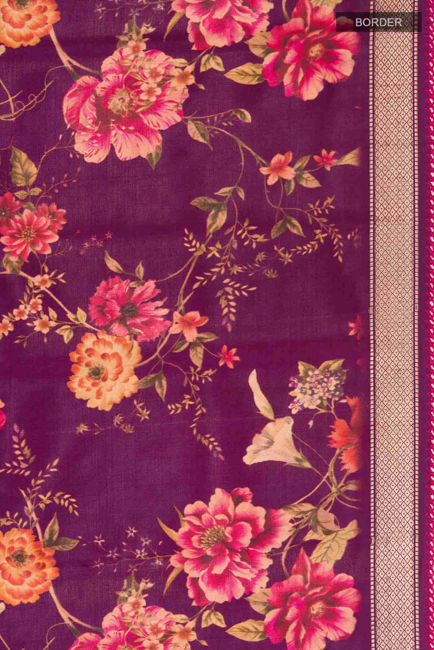 Border image of Magenta Printed Silk Saree with Printed design on the body and Zari Border