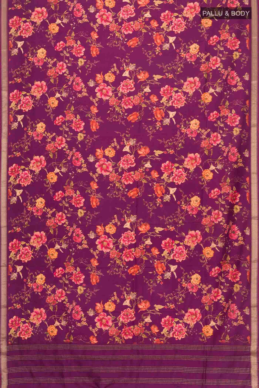 Flat view of Magenta Printed Silk Saree with Printed design on the body and Zari Border