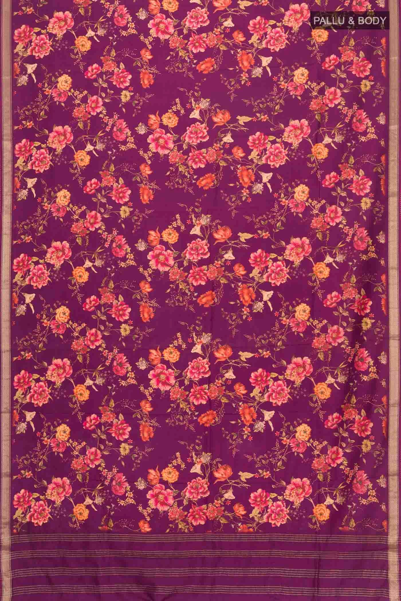 Flat view of Magenta Printed Silk Saree with Printed design on the body and Zari Border