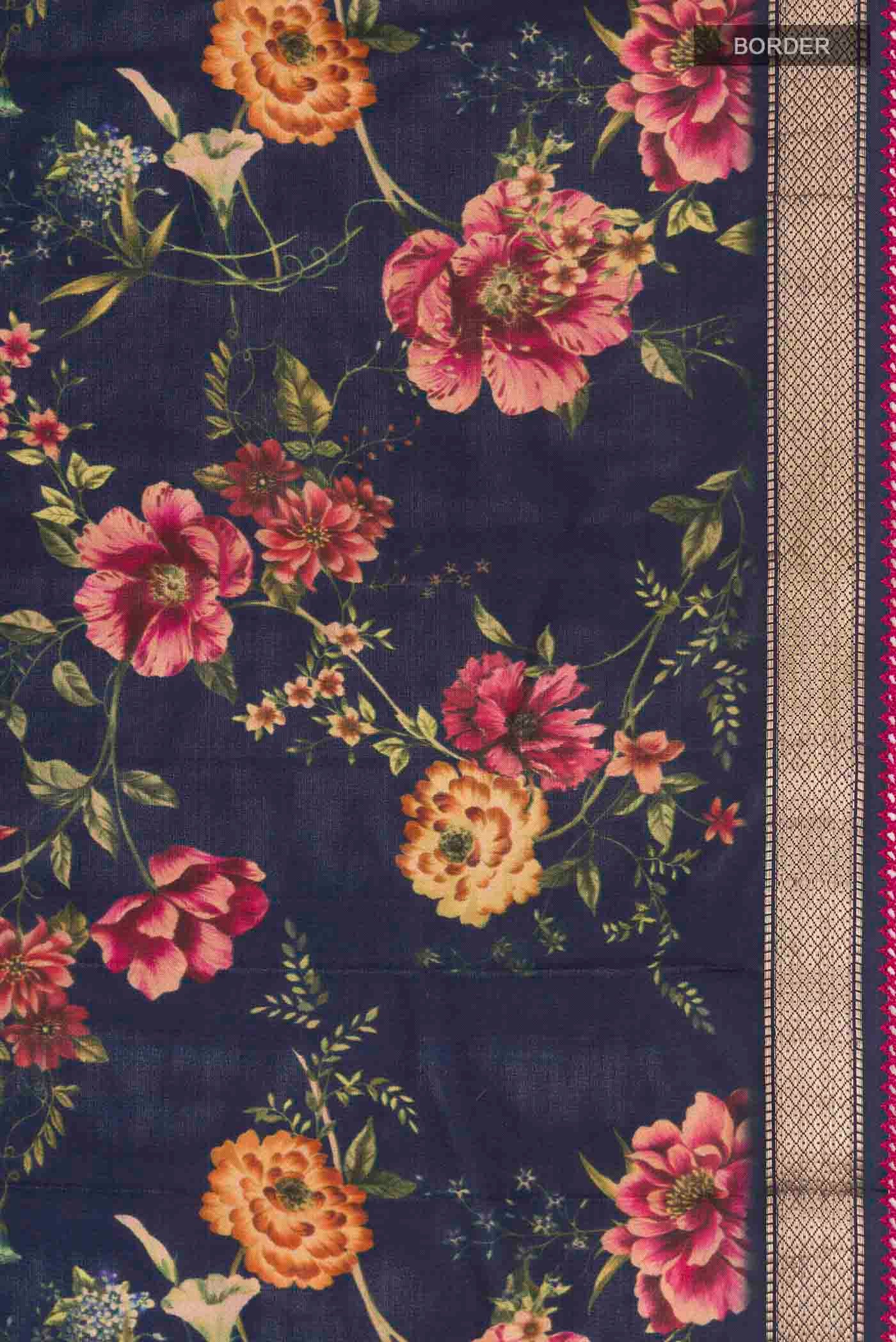 Border image of Navy Blue Printed Silk Saree with Printed design on the body and Zari Border