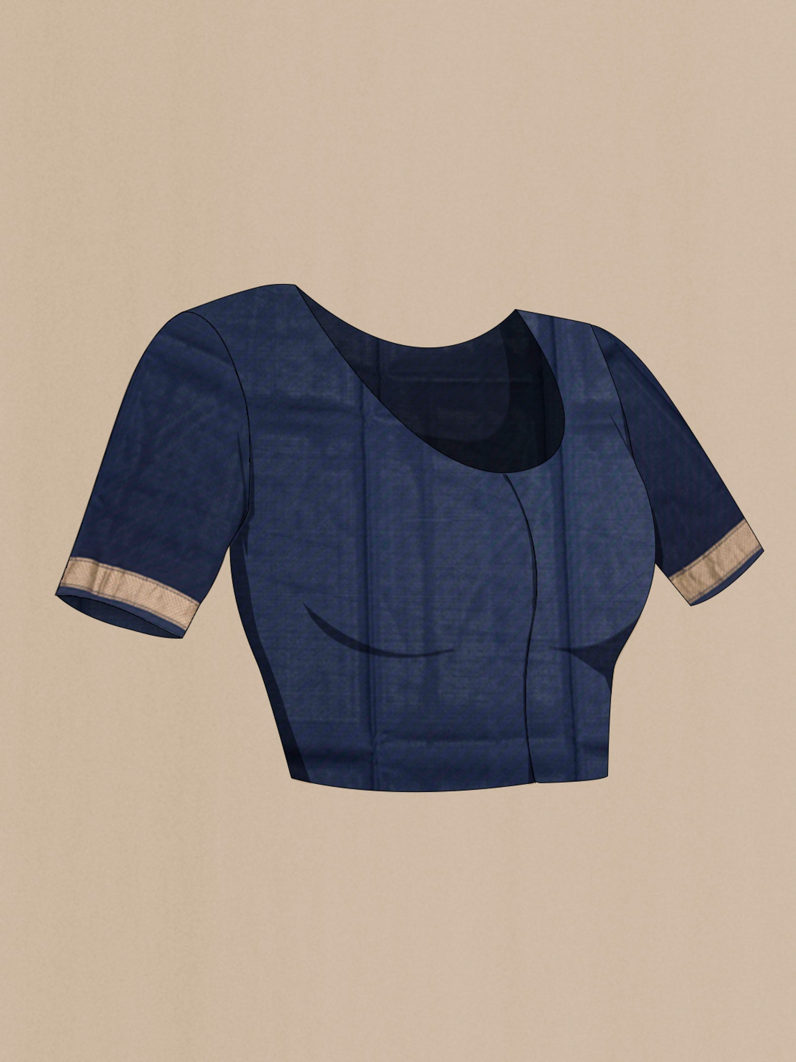 Close up image of the blouse of Blue Printed Silk Saree with Printed design on the body and Zari Border