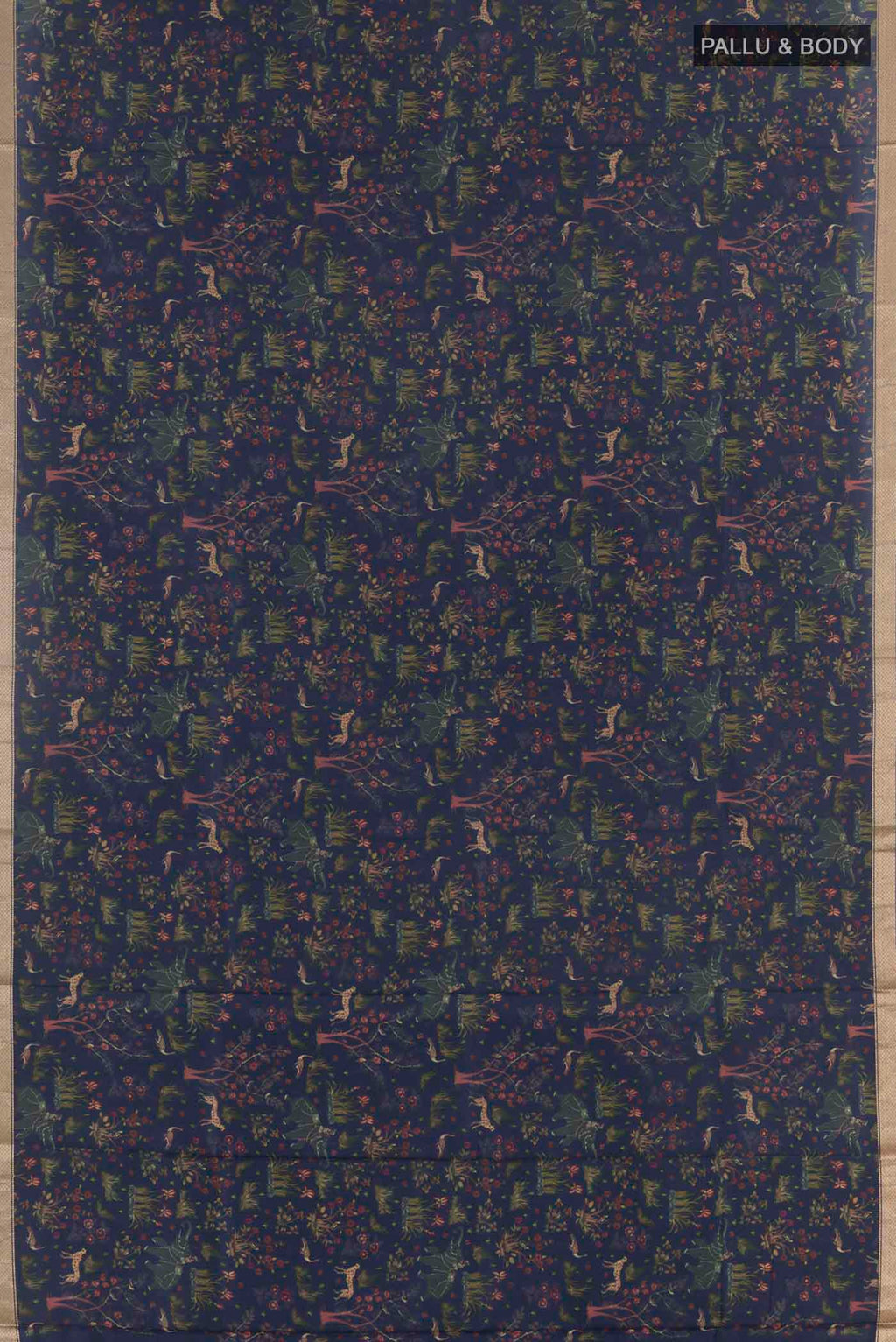 Flat view of Blue Printed Silk Saree with Printed design on the body and Zari Border