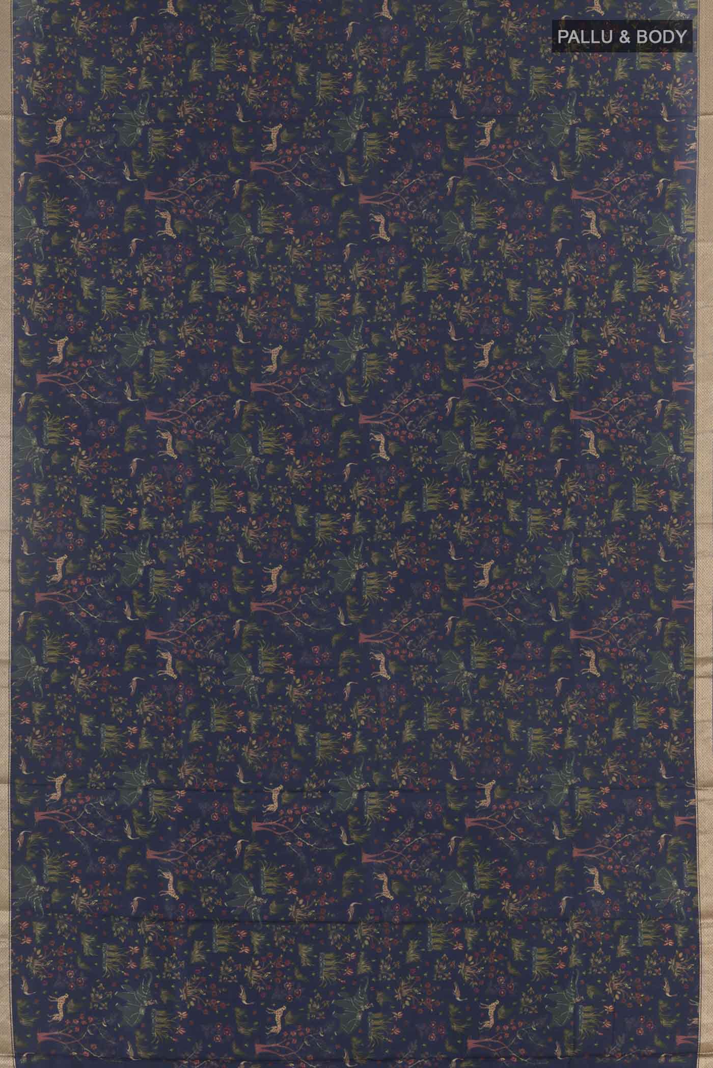 Flat view of Blue Printed Silk Saree with Printed design on the body and Zari Border