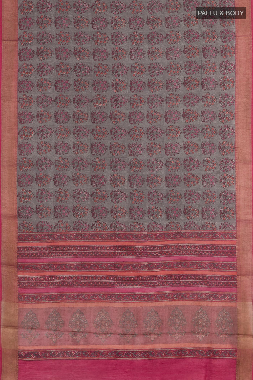 Flat view of Grey Tussar Silk Saree with Printed design on the body and Zari Border. 