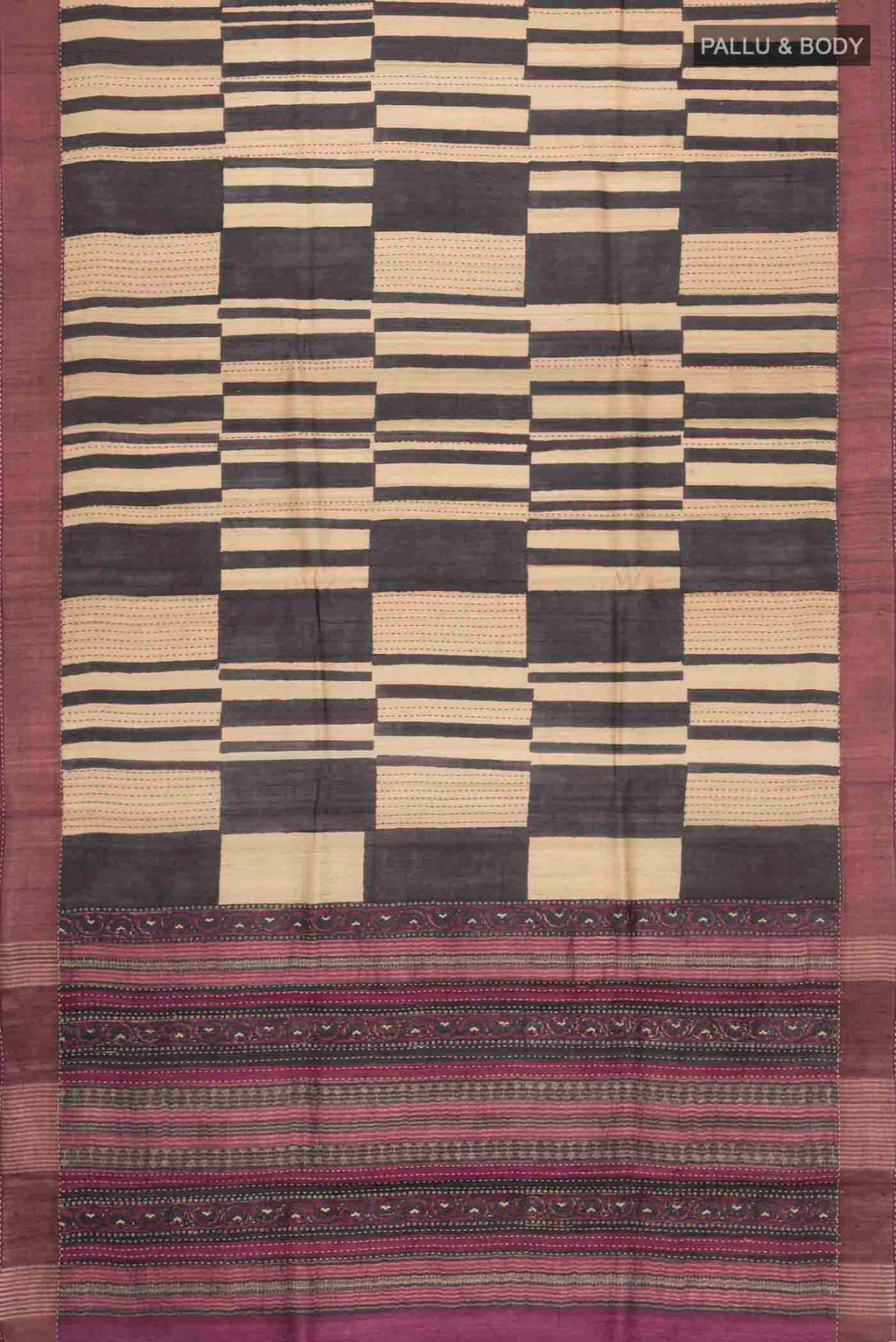 Flat view of Multi Color Tussar Silk Saree with Stripes on the body and Zari Border