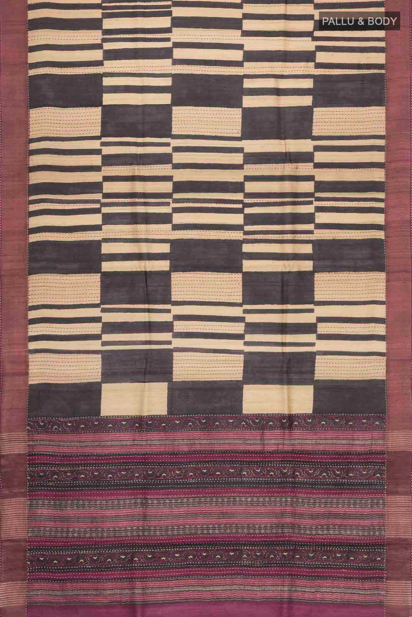 Flat view of Multi Color Tussar Silk Saree with Stripes on the body and Zari Border