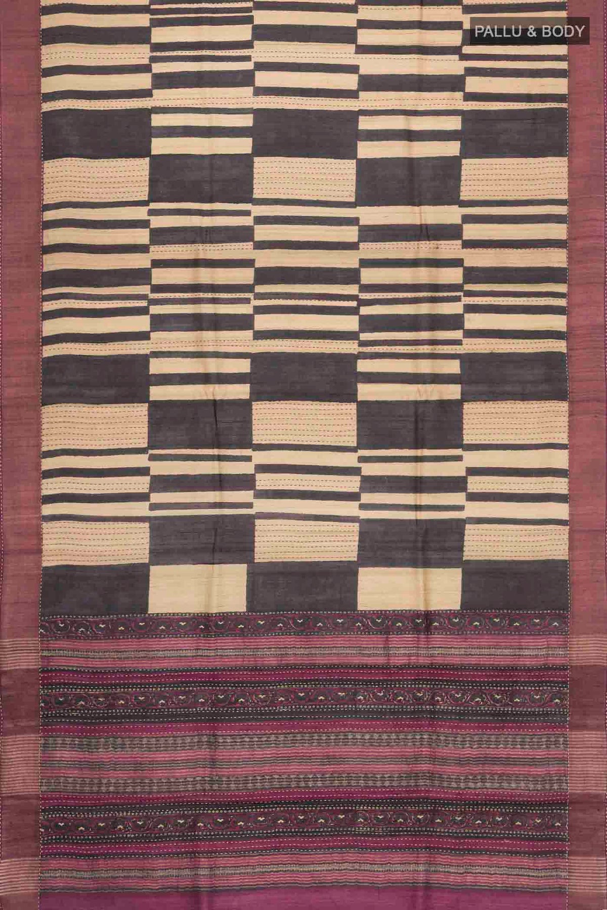 Flat view of Multi Color Tussar Silk Saree with Stripes on the body and Zari Border