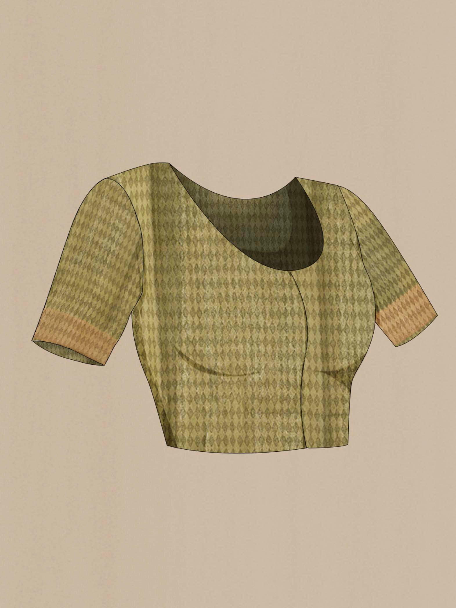 Close up image of the blouse of Green Tussar Silk Saree with Stripes on the body and Zari Border