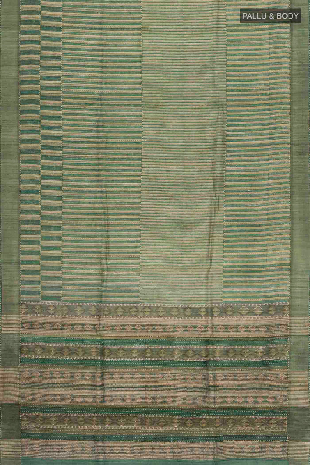 Flat view of Green Tussar Silk Saree with Stripes on the body and Zari Border