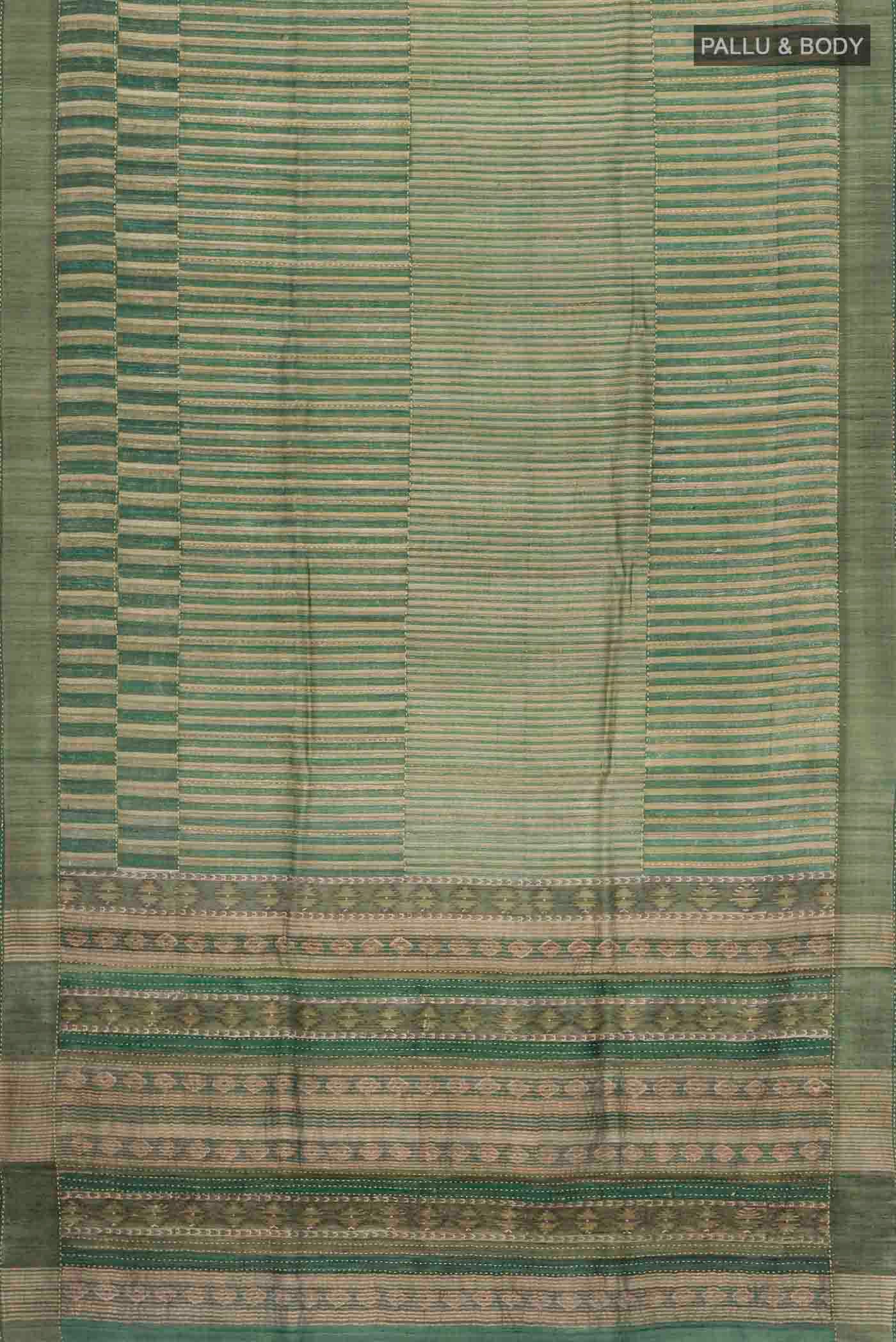 Flat view of Green Tussar Silk Saree with Stripes on the body and Zari Border