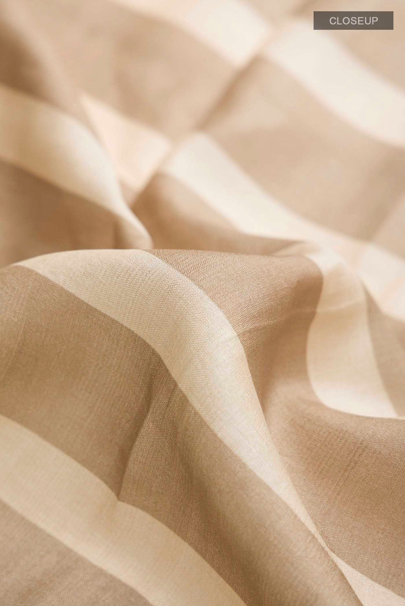 Close up of Beige Tussar Silk Saree with Stripes on the body and Zari Border displaying folds