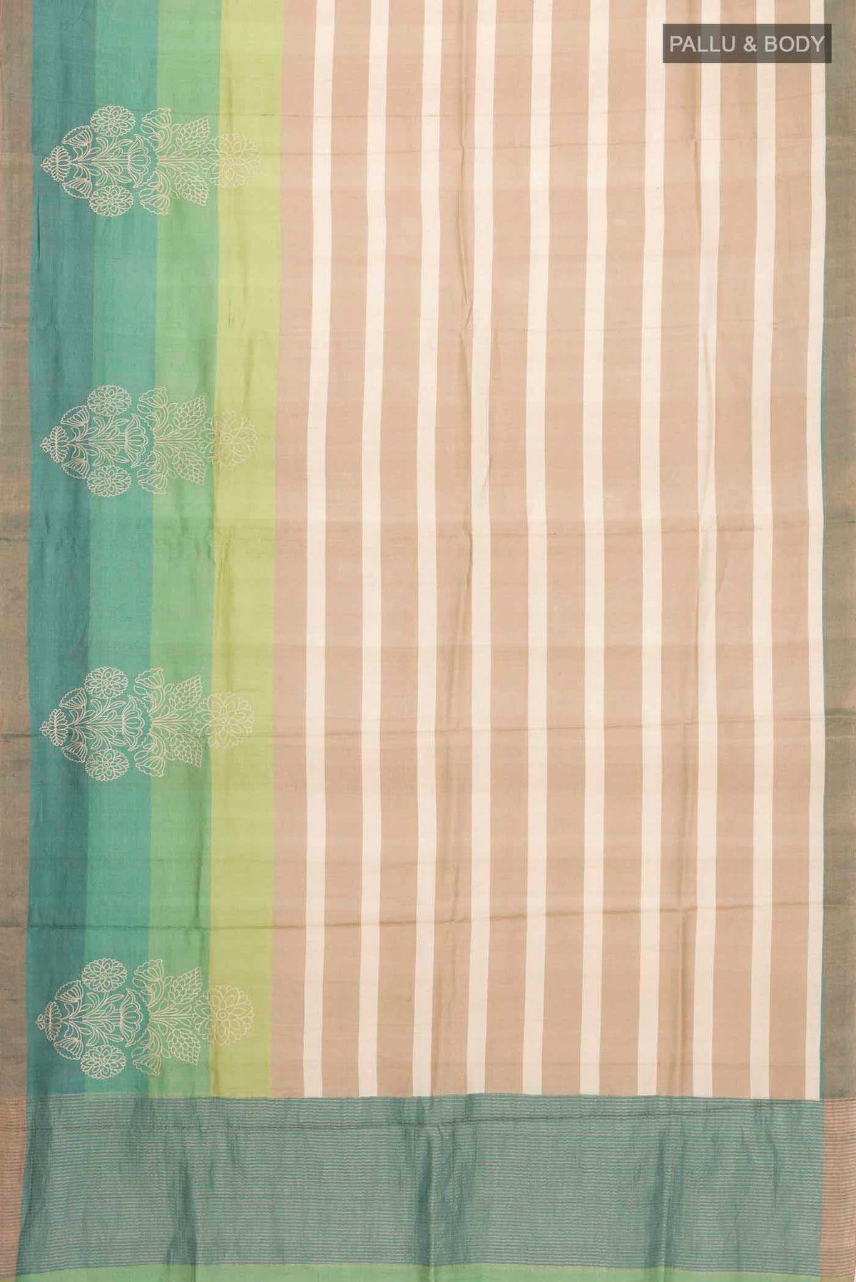 Flat view of Beige Tussar Silk Saree with Stripes on the body and Zari Border