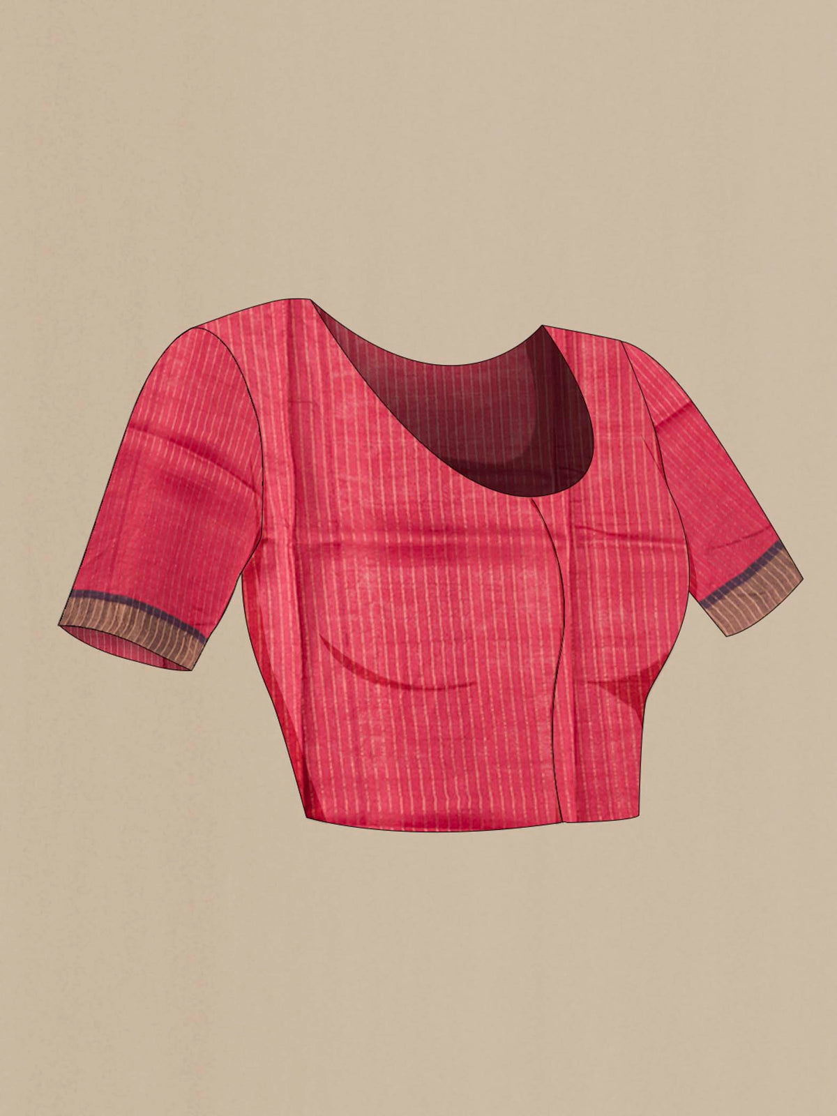 Close up image of the blouse of Beige Tussar Silk Saree with Stripes on the body and Zari Border
