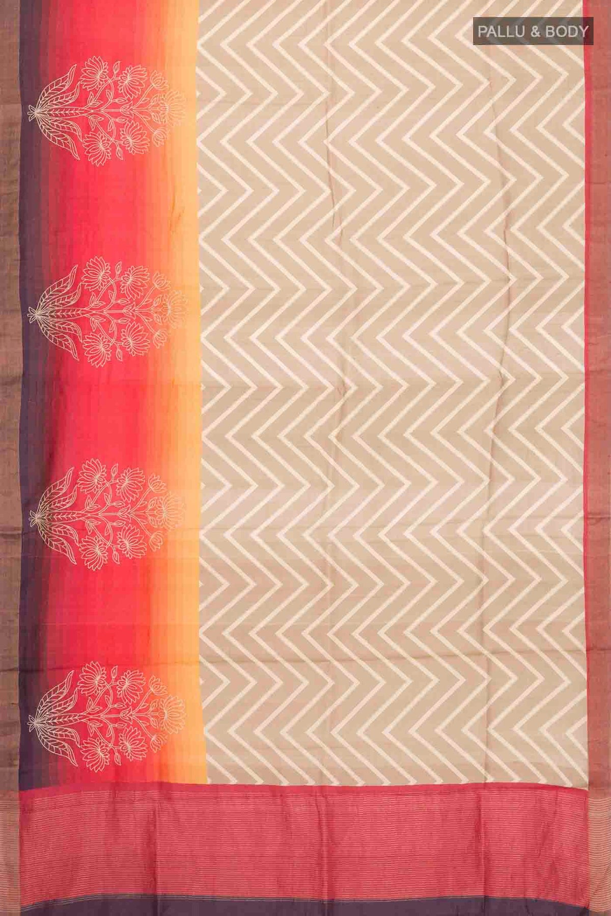Flat view of Beige Tussar Silk Saree with Stripes on the body and Zari Border
