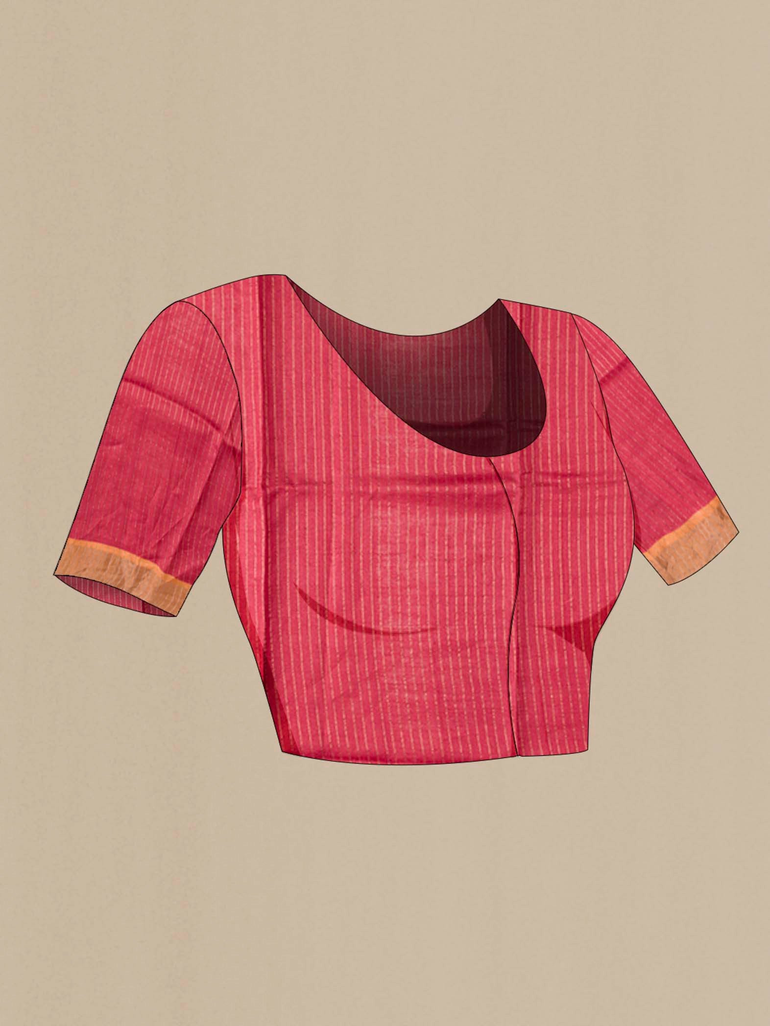 Close up image of the blouse of Multi Color Tussar Silk Saree with Stripes on the body and Zari Border