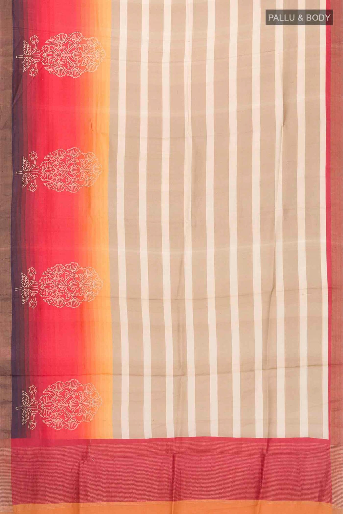 Flat view of Multi Color Tussar Silk Saree with Stripes on the body and Zari Border