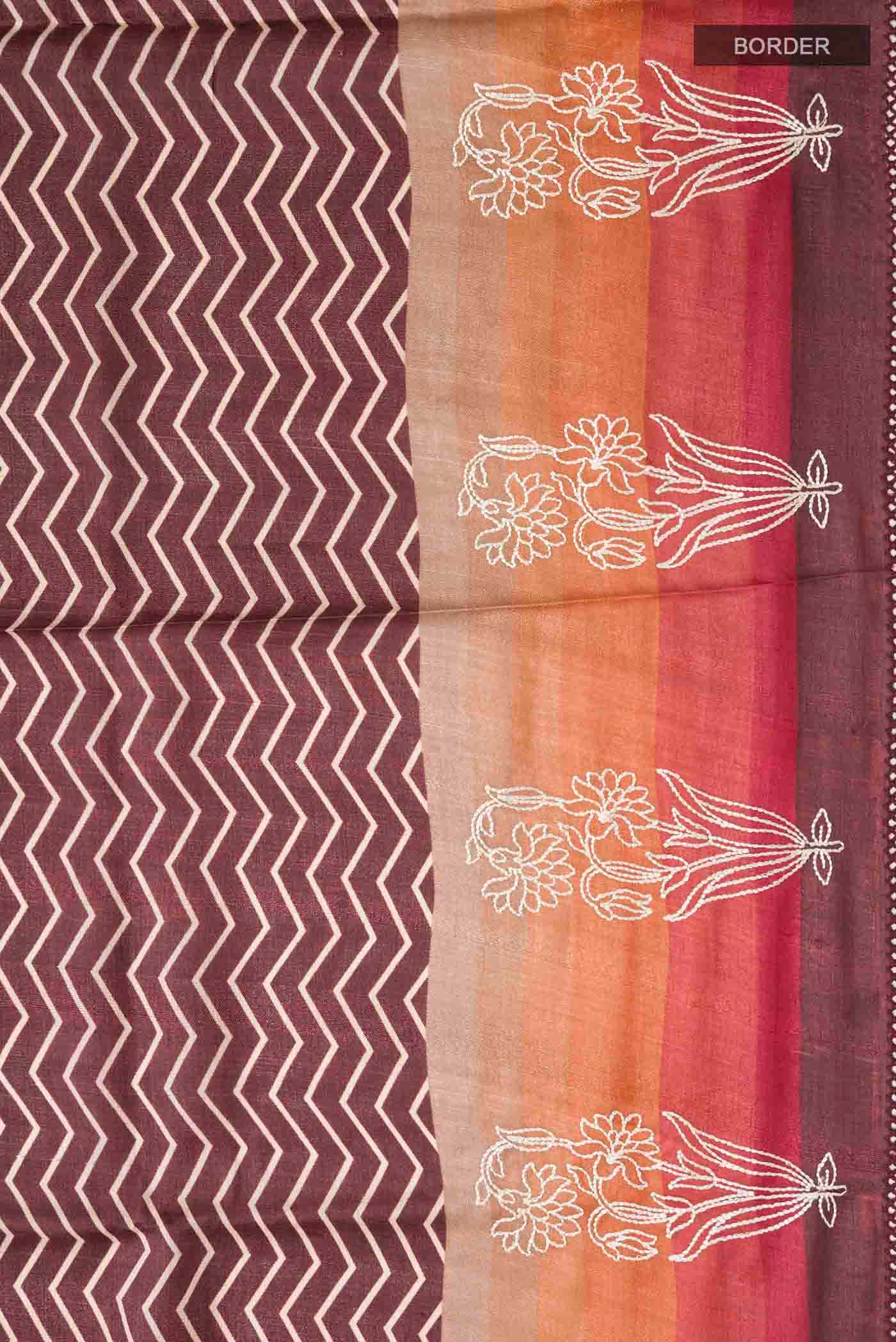 Border image of Brown Tussar Silk Saree with Stripes on the body and Thread Border