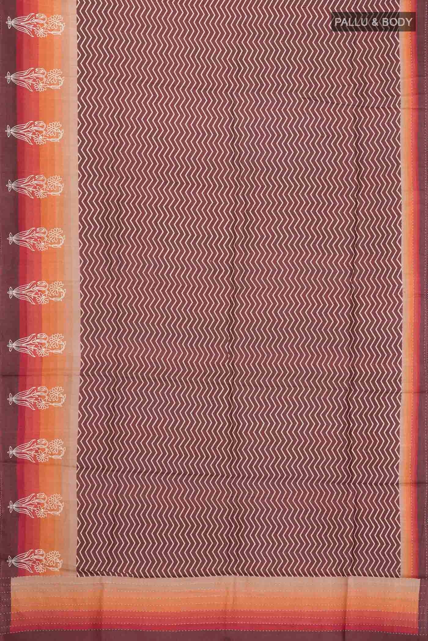 Flat view of Brown Tussar Silk Saree with Stripes on the body and Thread Border