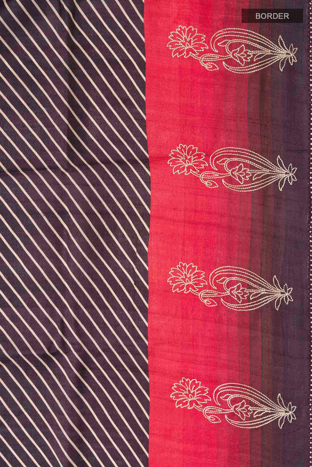 Border image of Brown Tussar Silk Saree with Stripes on the body and Embroidery Border