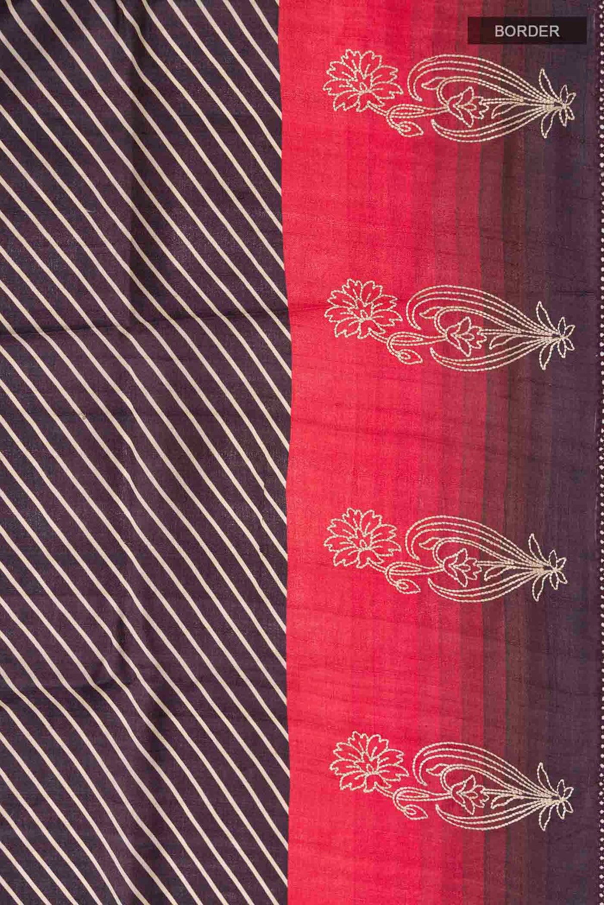 Border image of Brown Tussar Silk Saree with Stripes on the body and Embroidery Border