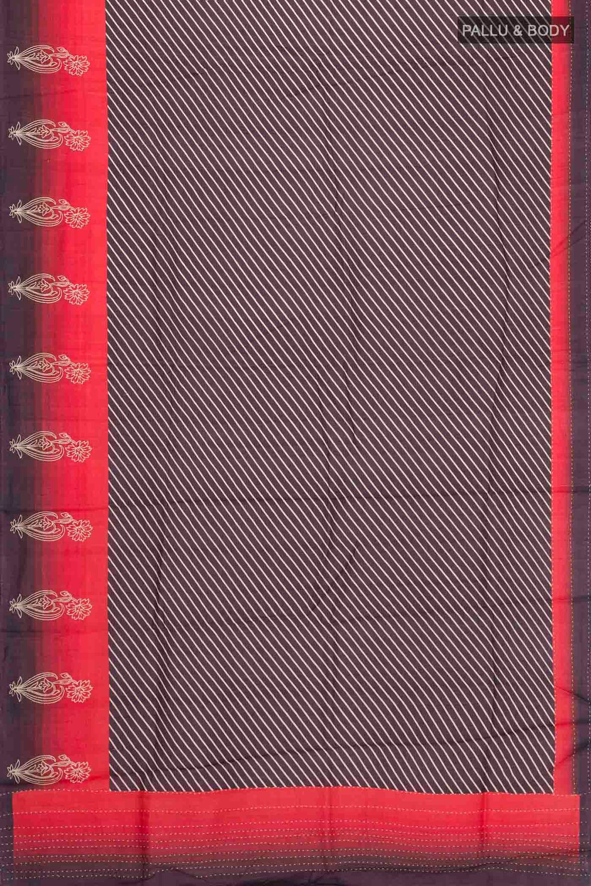 Flat view of Brown Tussar Silk Saree with Stripes on the body and Embroidery Border