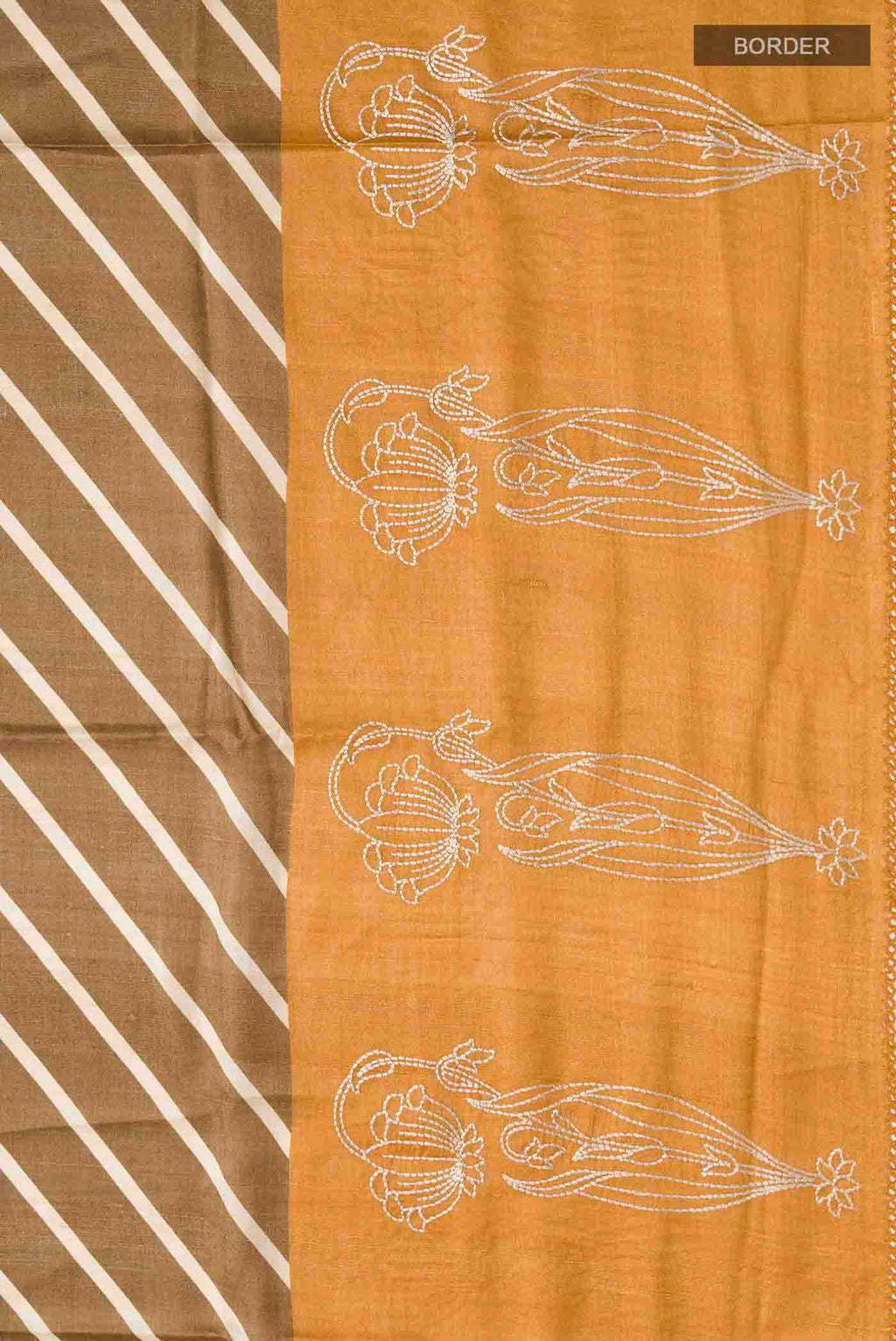 Border image of Brown Tussar Silk Saree with Stripes on the body and Embroidery Border