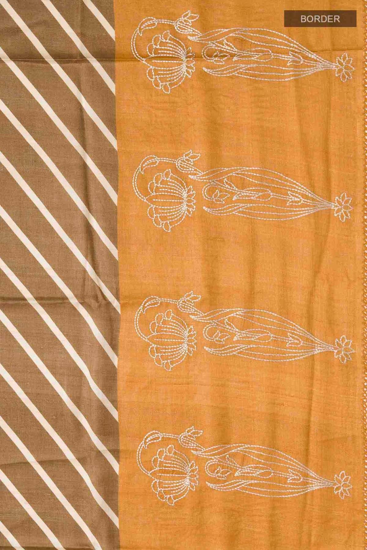 Border image of Brown Tussar Silk Saree with Stripes on the body and Embroidery Border