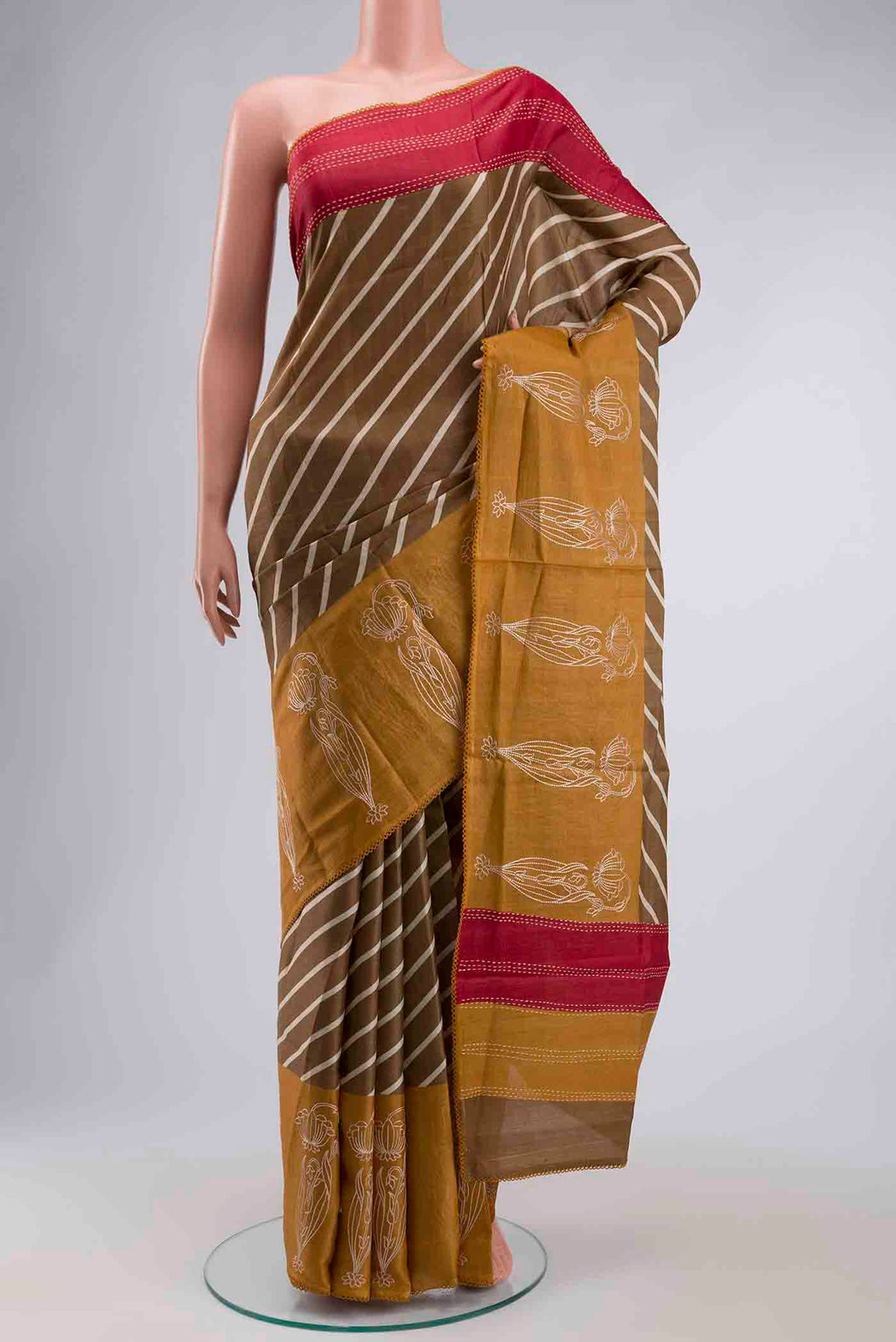 Brown Tussar Silk Saree with Stripes on the body and Embroidery Border displayed on a mannequin