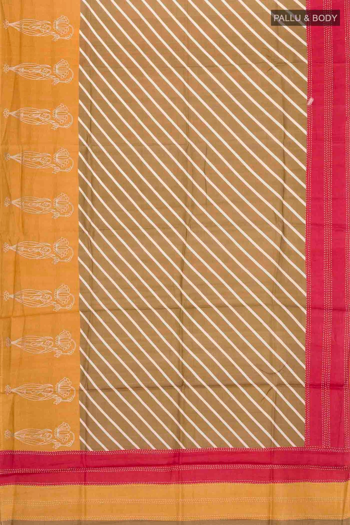 Flat view of Brown Tussar Silk Saree with Stripes on the body and Embroidery Border