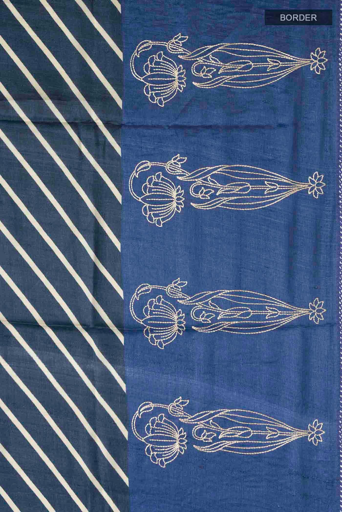 Border image of Blue Tussar Silk Saree with Stripes on the body and Embroidery Border