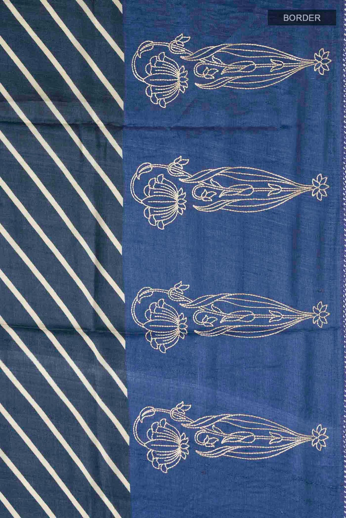 Border image of Blue Tussar Silk Saree with Stripes on the body and Embroidery Border