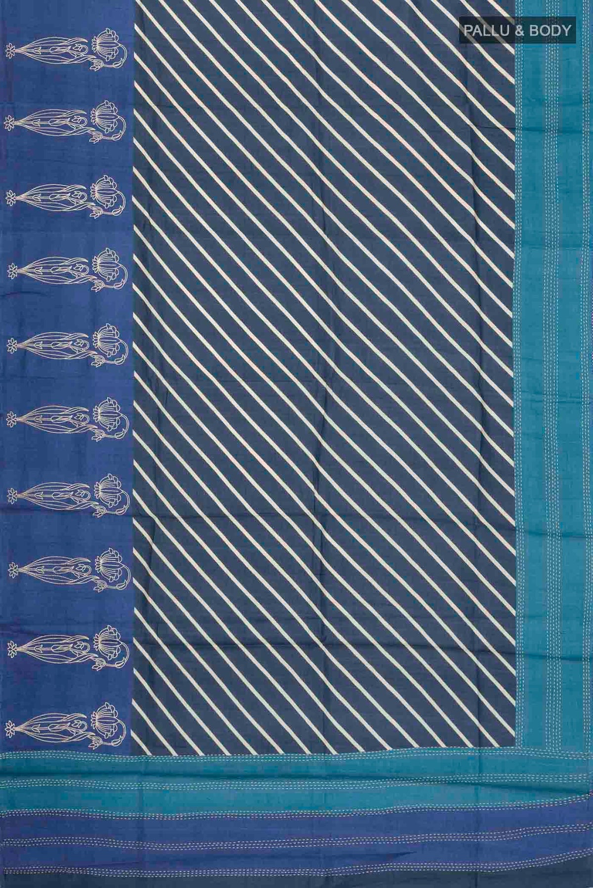 Flat view of Blue Tussar Silk Saree with Stripes on the body and Embroidery Border