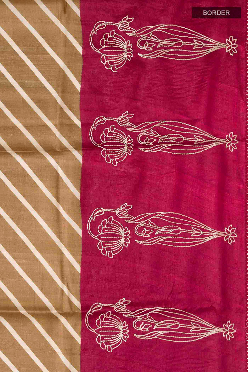 Border image of Green Tussar Silk Saree with Printed design on the body and Embroidery Border