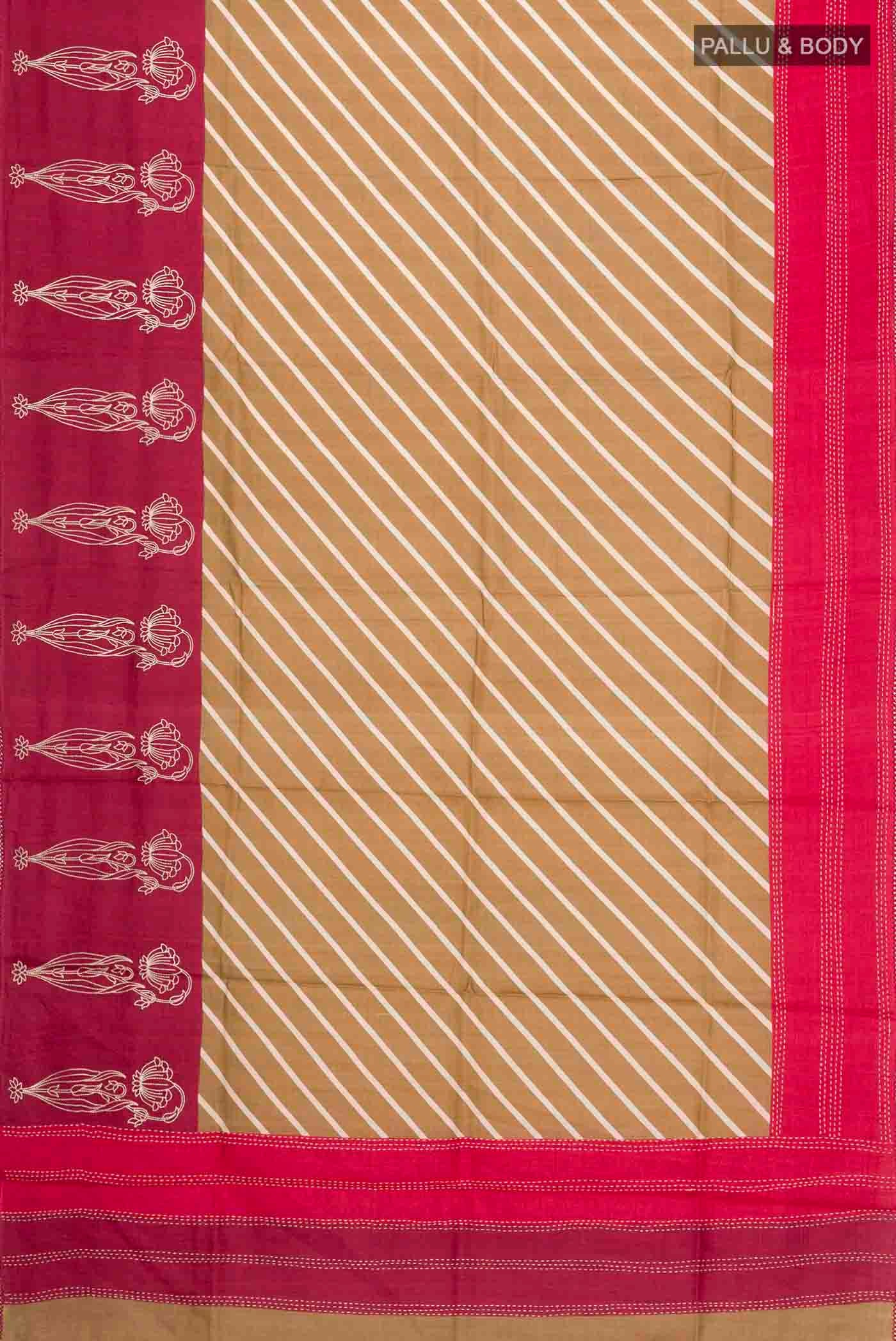 Flat view of Green Tussar Silk Saree with Printed design on the body and Embroidery Border