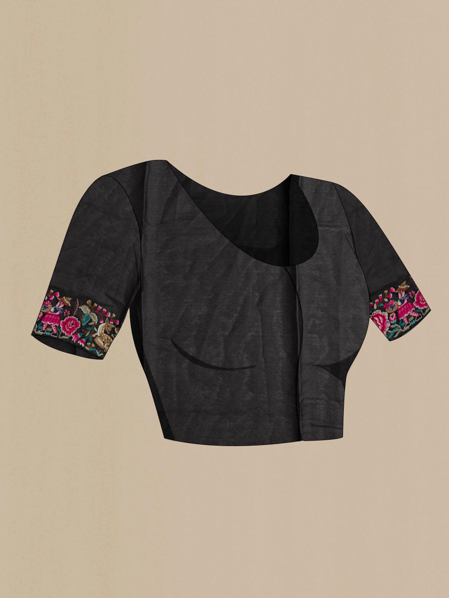 Close up image of the blouse of Black Tussar Silk Saree with Embroidery on the body and Embroidery Border