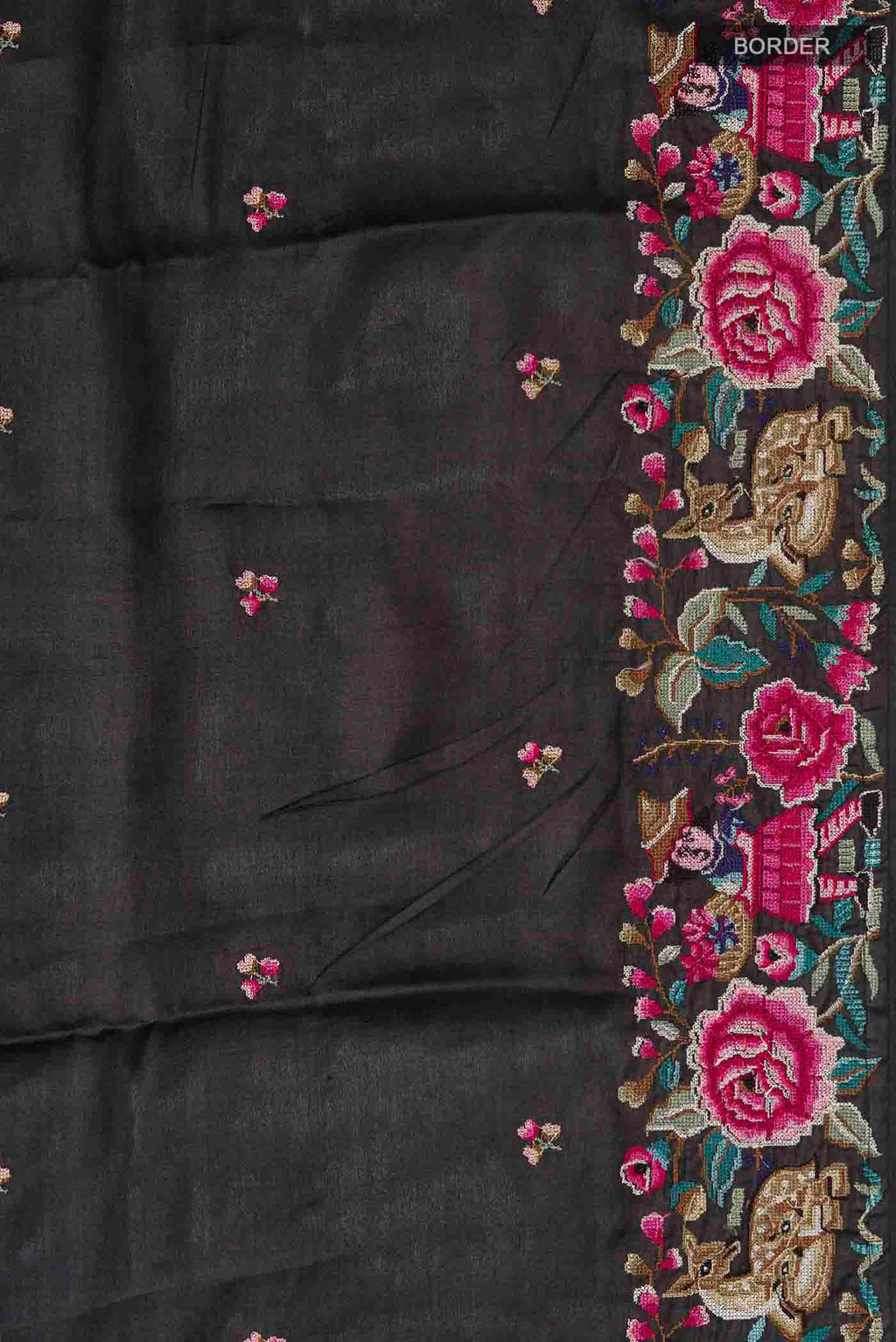 Border image of Black Tussar Silk Saree with Embroidery on the body and Embroidery Border
