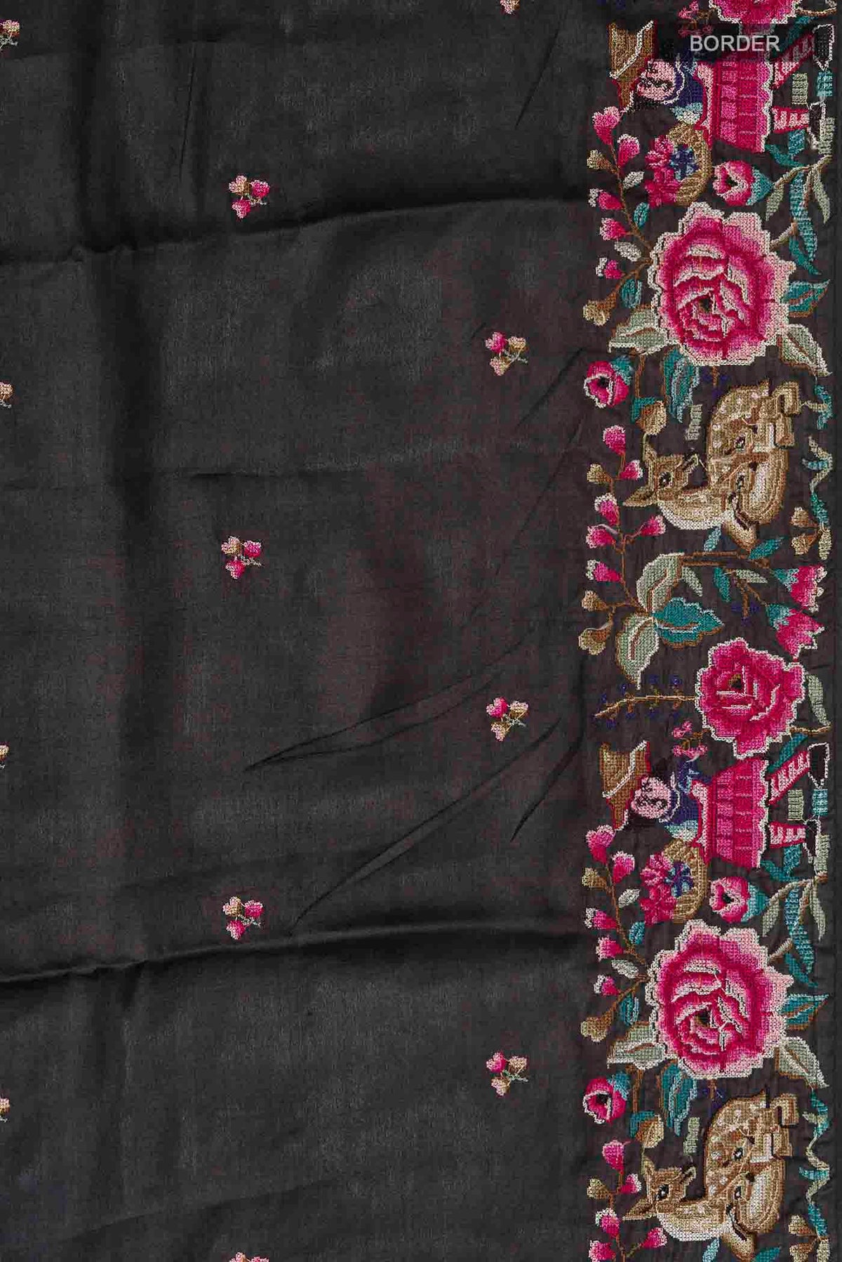 Border image of Black Tussar Silk Saree with Embroidery on the body and Embroidery Border