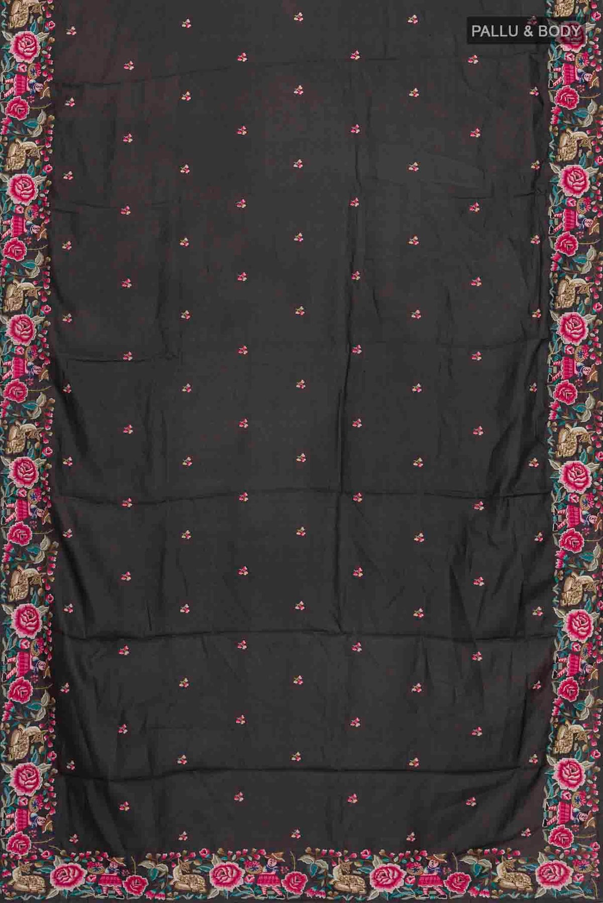 Flat view of Black Tussar Silk Saree with Embroidery on the body and Embroidery Border
