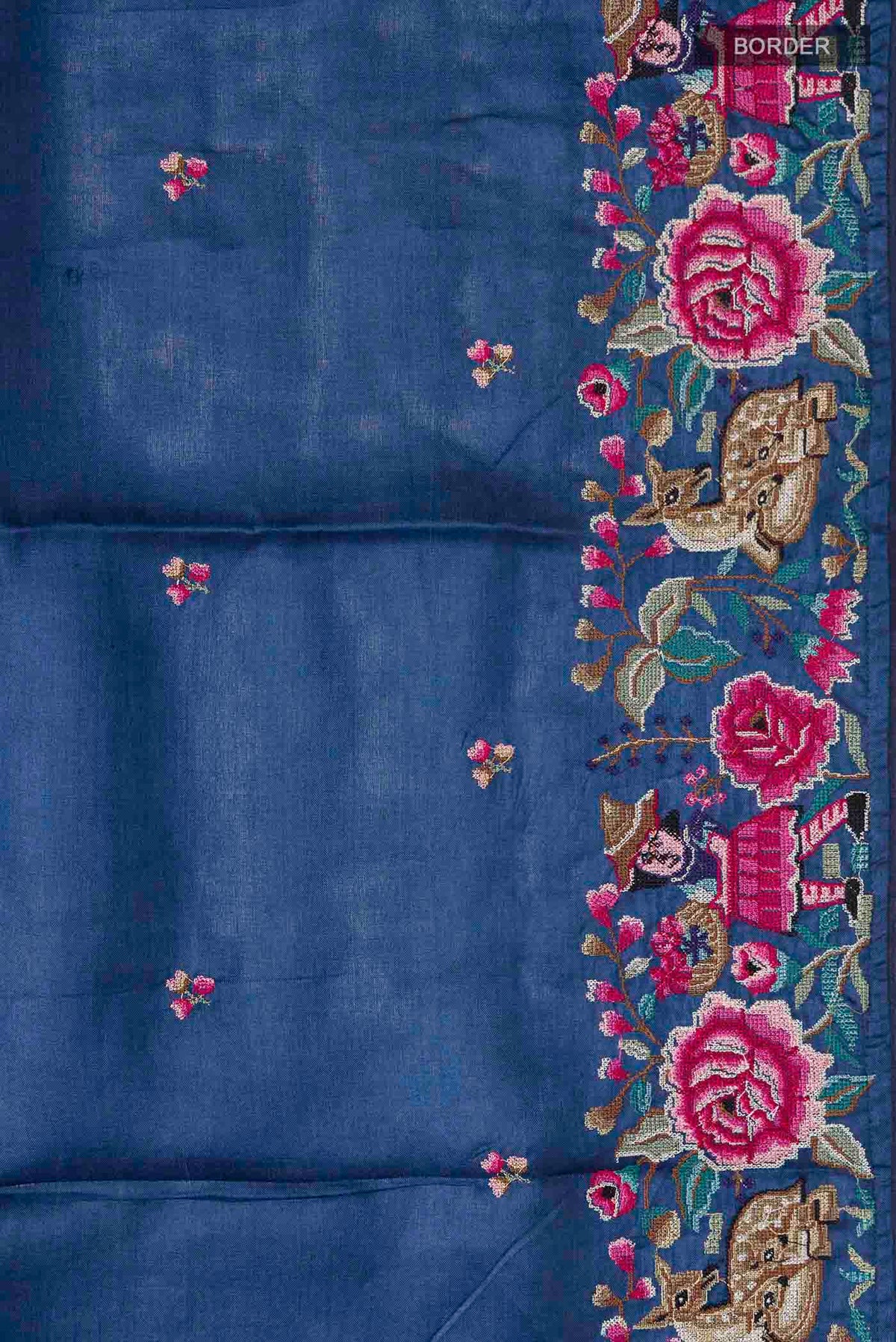 Border image of Blue Tussar Silk Saree with Embroidery on the body and Embroidery Border