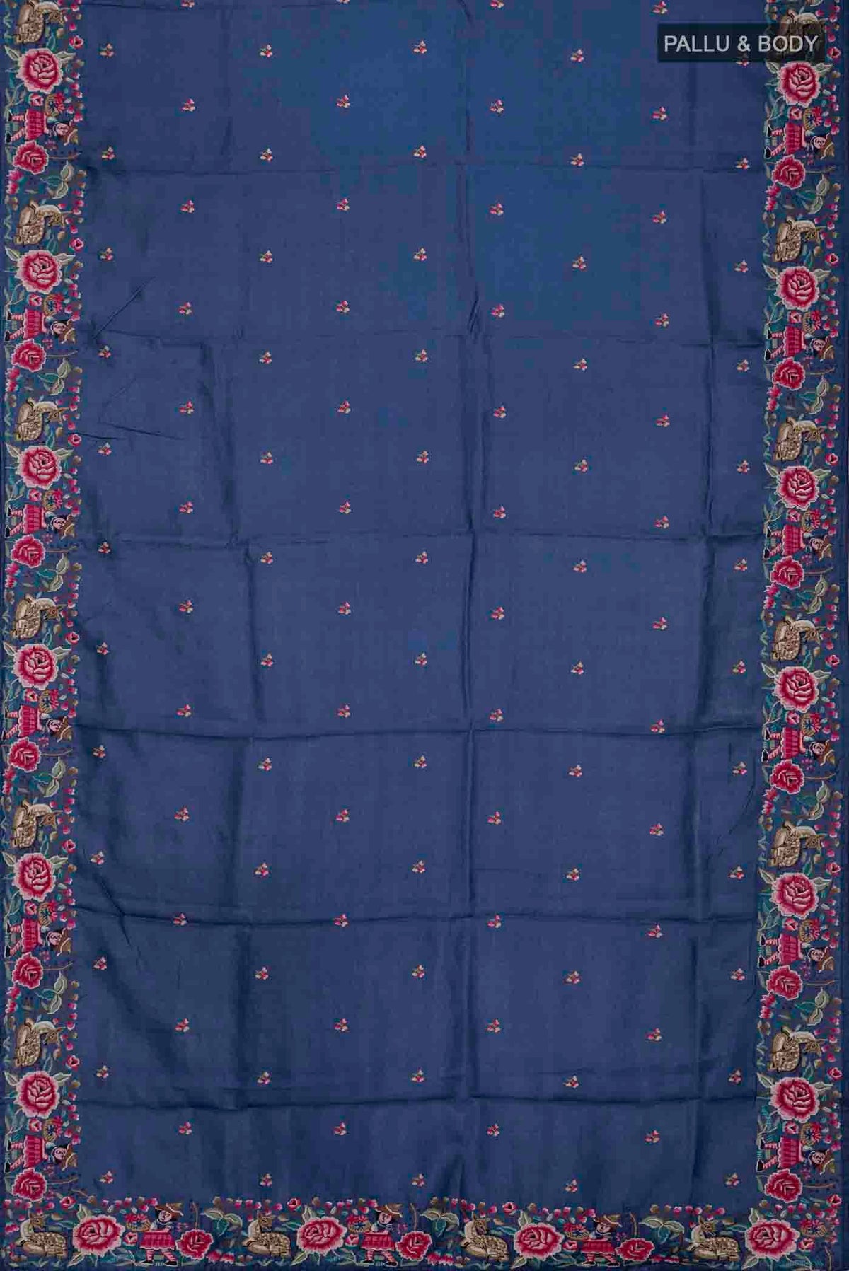 Flat view of Blue Tussar Silk Saree with Embroidery on the body and Embroidery Border