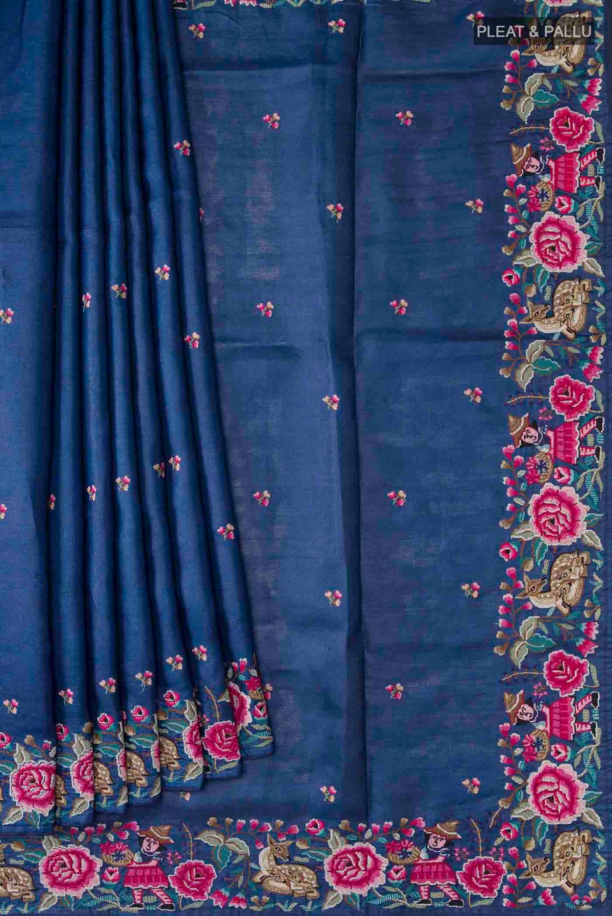 Pleats and pallu of Blue Tussar Silk Saree with Embroidery on the body and Embroidery Border