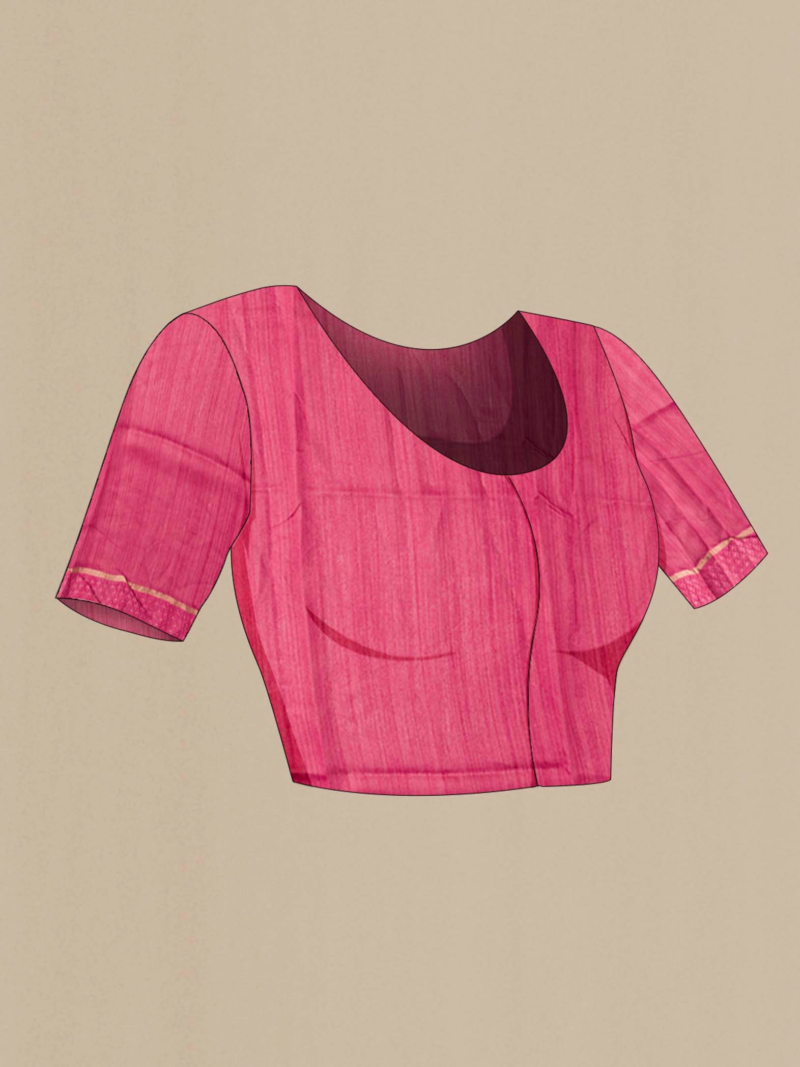 Close up image of the blouse of Coral Tussar Silk Saree with Printed design on the body and Thread Border