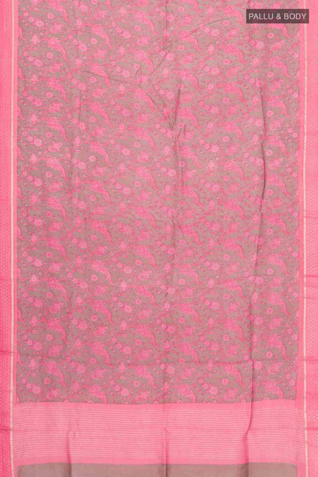 Flat view of Coral Tussar Silk Saree with Printed design on the body and Thread Border