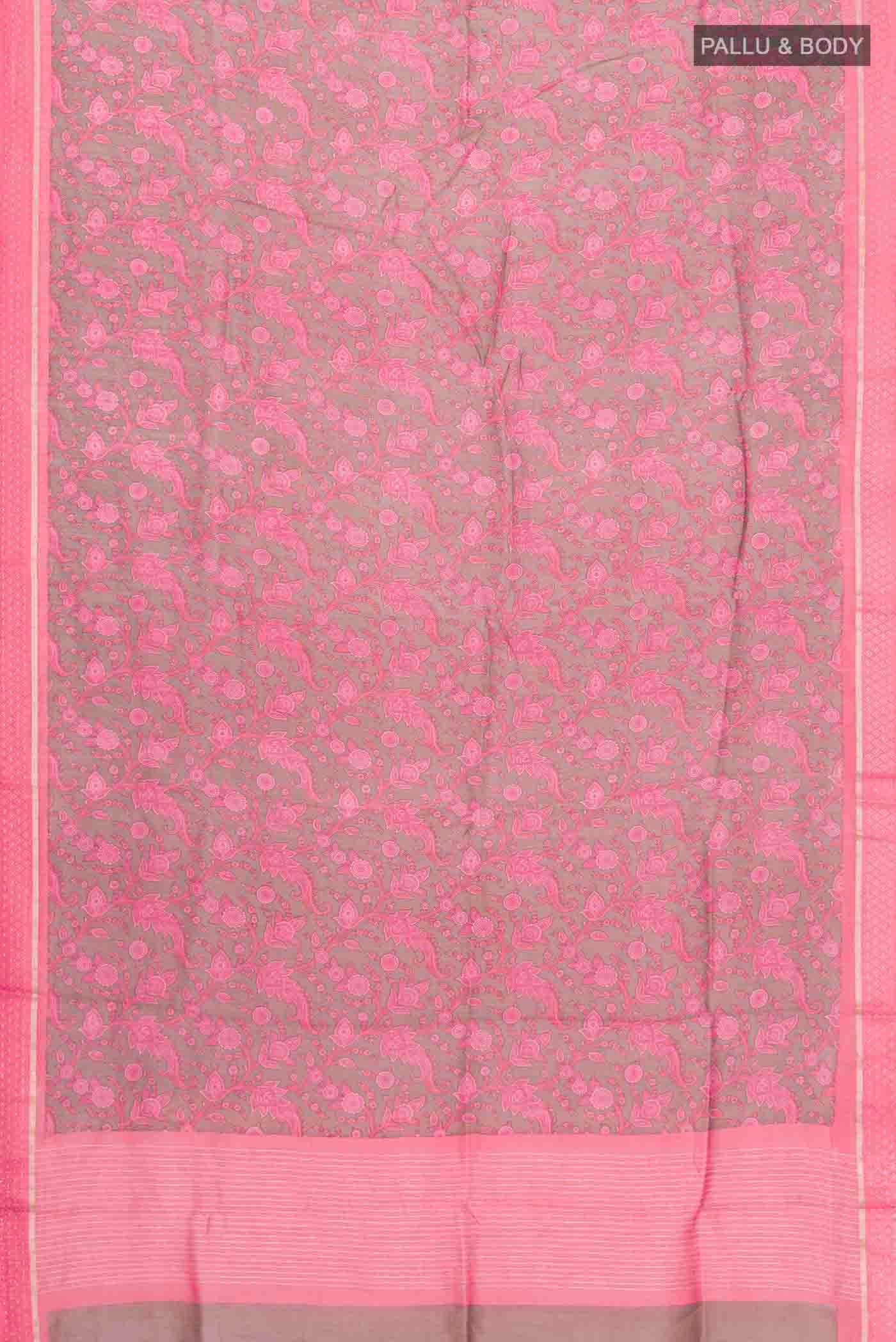 Flat view of Coral Tussar Silk Saree with Printed design on the body and Thread Border
