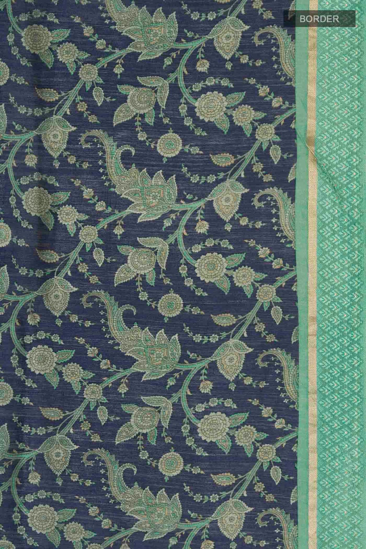 Border image of Blue Tussar Silk Saree with Printed design on the body and Zari Border
