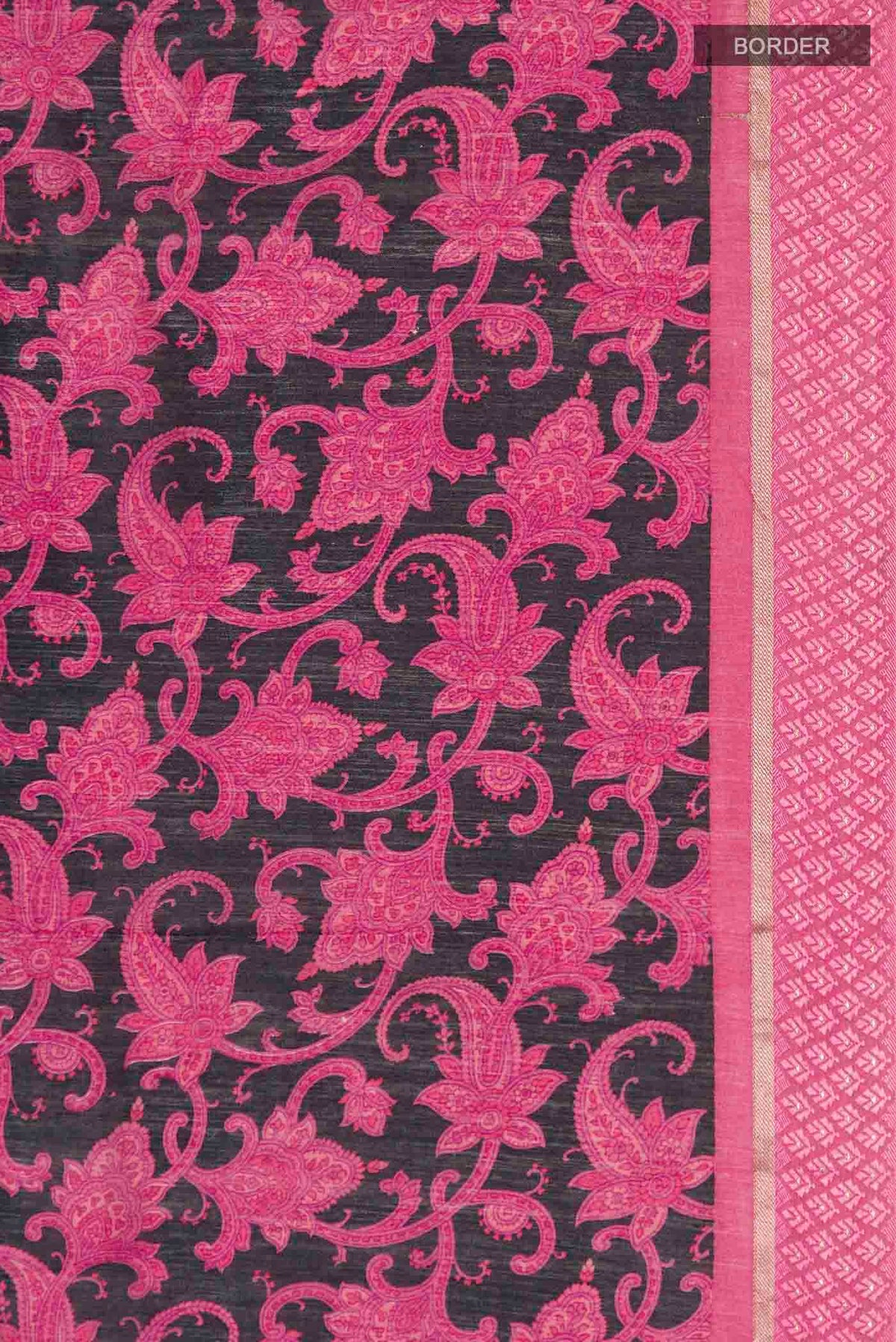 Border image of Black Tussar Silk Saree with Printed design on the body and Zari Border