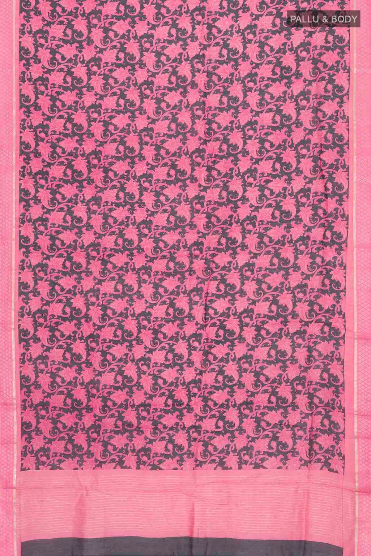 Flat view of Black Tussar Silk Saree with Printed design on the body and Zari Border