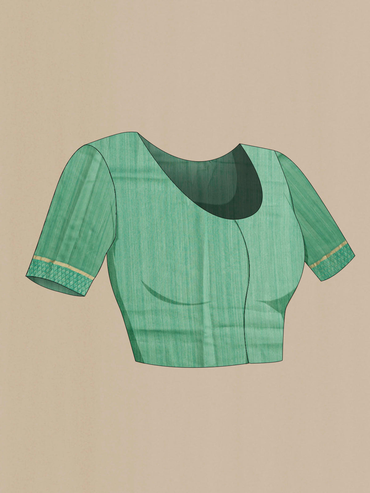 Close up image of the blouse of Blue Tussar Silk Saree with Printed design on the body and Zari And Thread Border
