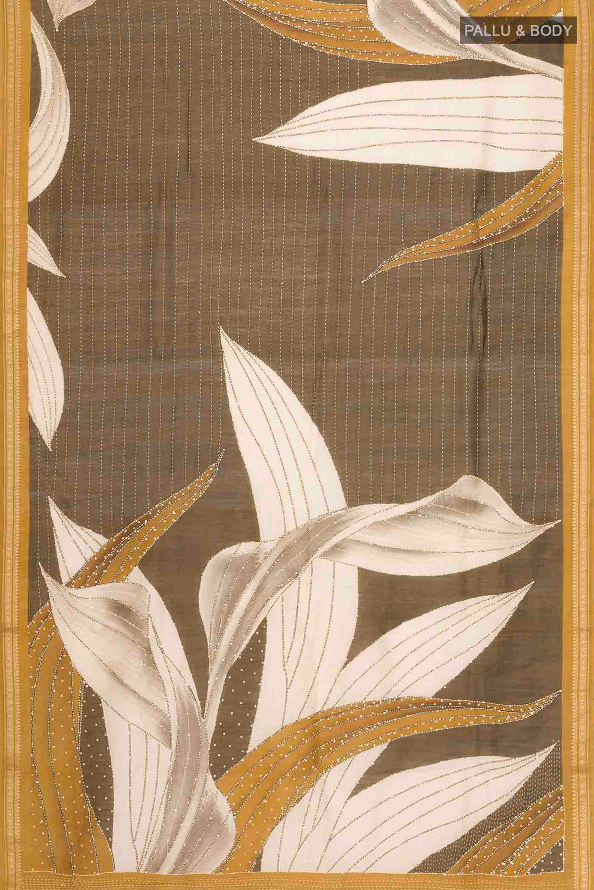 Flat view of Green Tussar Silk Saree with Embroidery on the body and Zari Border